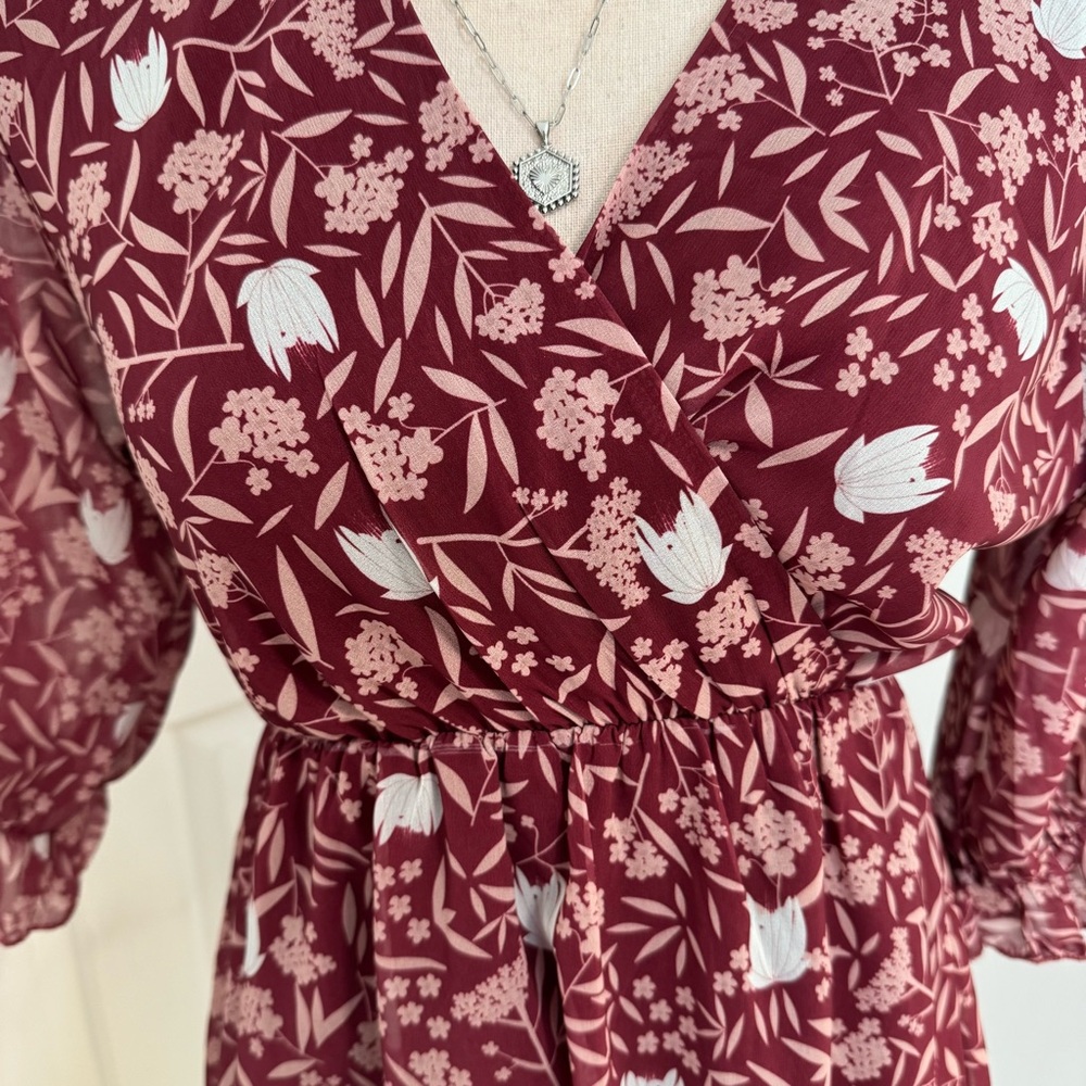 Floral Faux Wrap Midi Dress Burgundy Size Small Boho Cottagecore Fall - Picture 3 of 12